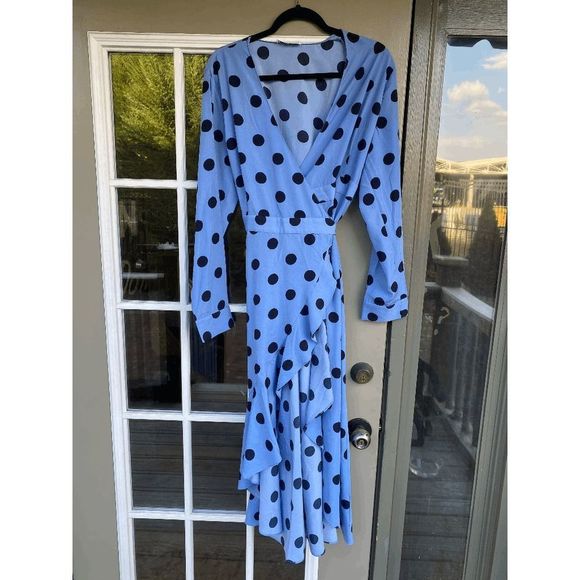 Cooper St Polka Dot Long Sleeve Frill Midi Blue Dress w/Ruffle Hem, Size XL - Picture 2 of 8